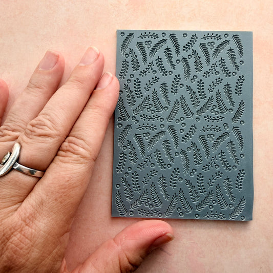 Brambleberries 3x4 inch rubber stamp for polymer clay showing full all-over botanical fern and berry design