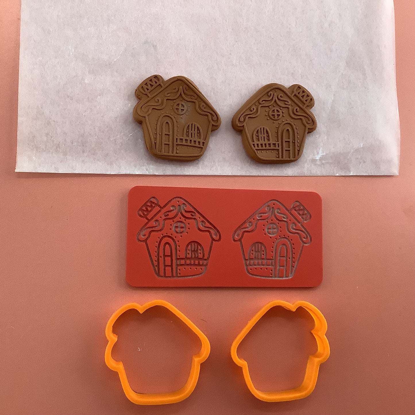 Gingerbread House clay Cutters and Stamp set # 2 mirrored pair