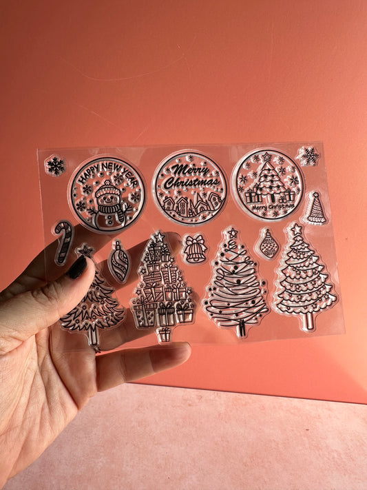 Round Merry Christmas and trees rubber stamp set