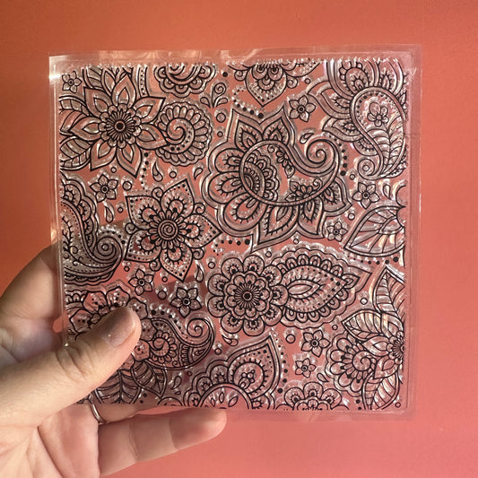 Square Paisley Flowers Polymer Clay Stamp – 5x5 Inch Jumbo Clear Texture
