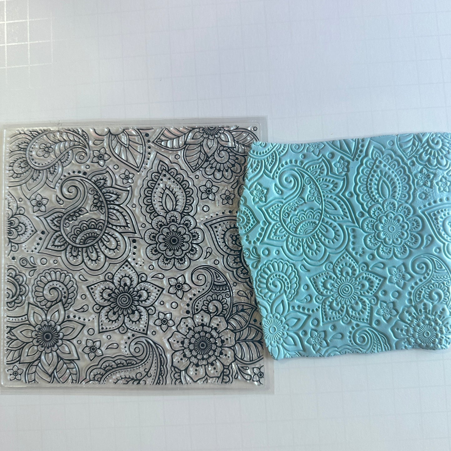 Square Paisley Flowers Polymer Clay Stamp – 5x5 Inch Jumbo Clear Texture