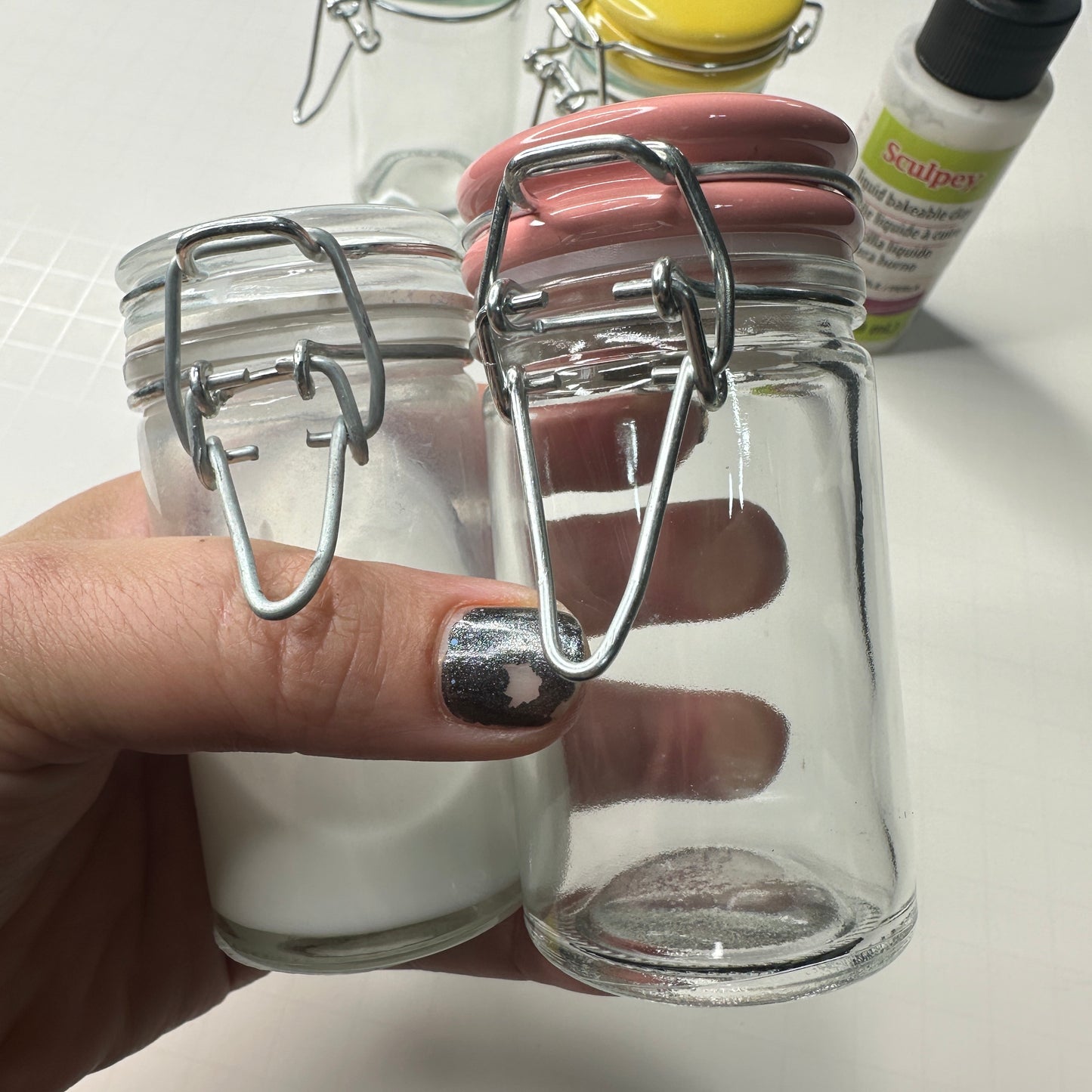 Perfect Pour Jar for Liquid Polymer Clay – 2oz Glass Jar with Lid | Choose Black, Yellow, Blue, or Pink