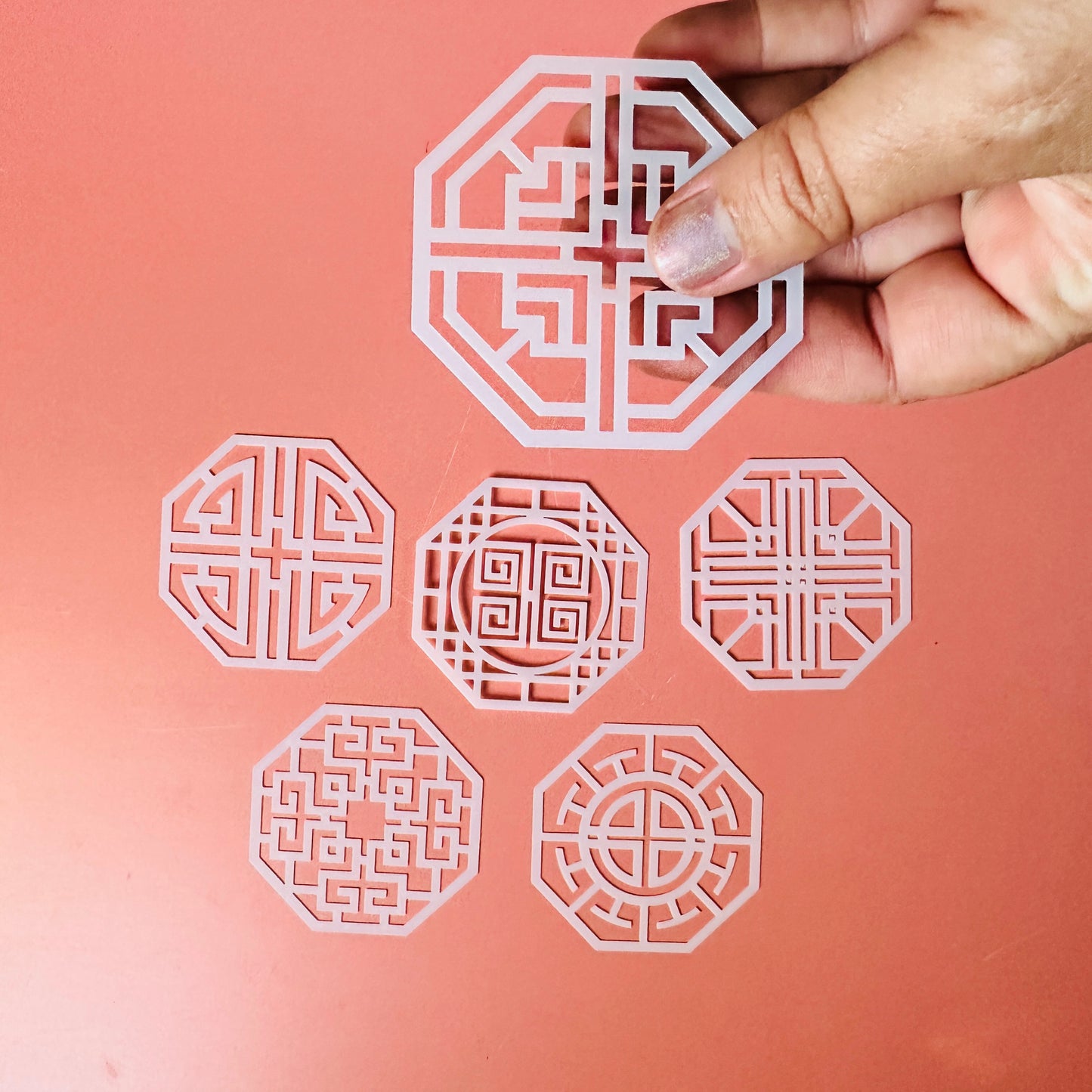 Asian Octagons Stencil Set – 6-Piece 2.5" Geometric Pattern Stencils for Polymer Clay, Earrings, Coasters & Art Projects