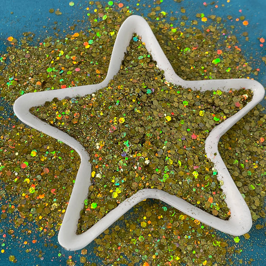 Golden Shimmer Greengold Holographic Chunky Glitter for pens candles earrings clay resin mugs slime tumblers nail art 2 oz