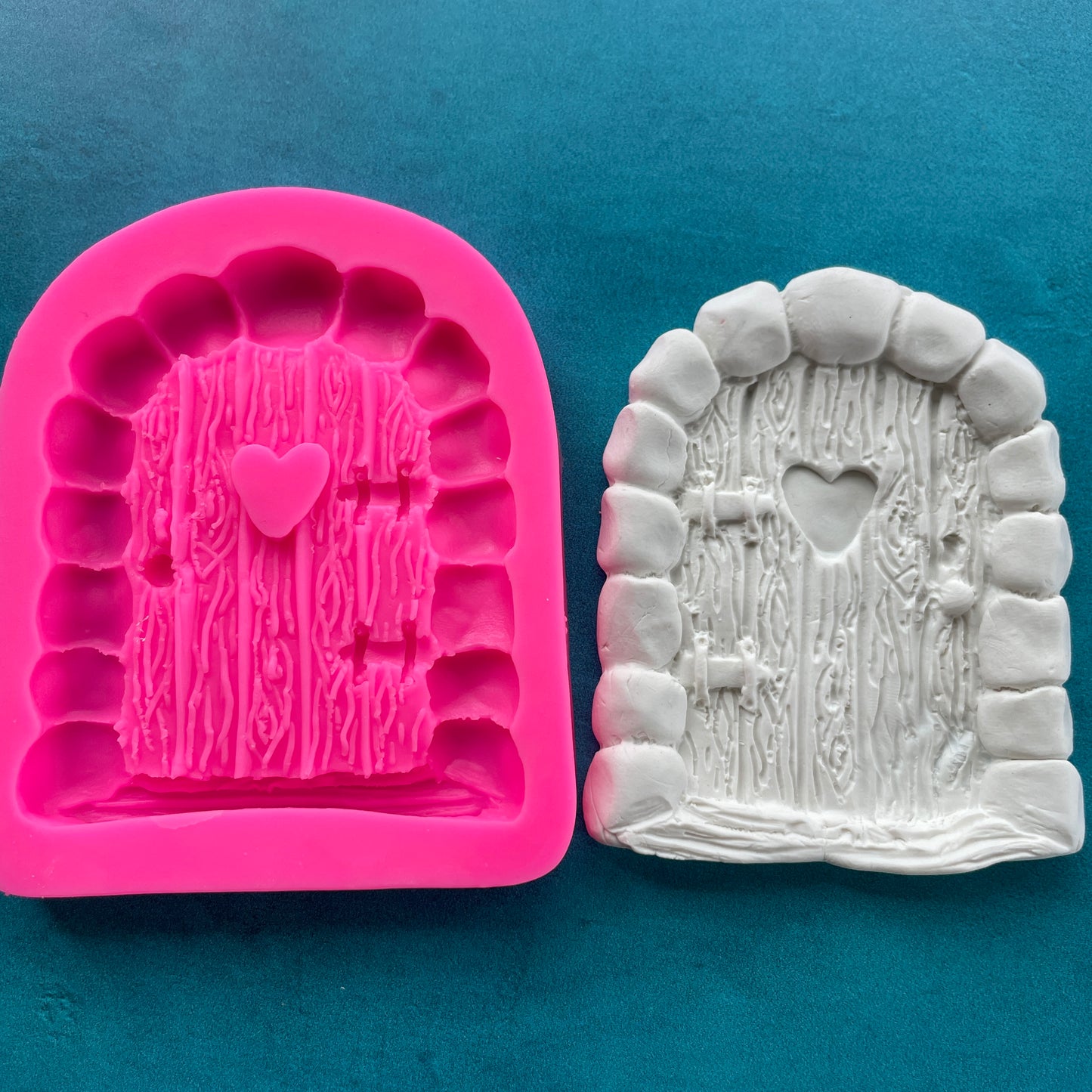 Polymer Clay Mold Classic wooden Fairy Door with heart window and stone border