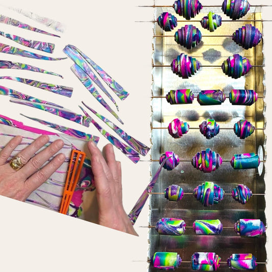 Easy Mokume Gane paper roll up beads polymer clay a fun surface pattern for colorful beads