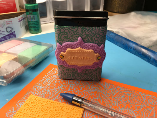How to cover a tin with stamped, silkscreened, textured polymer clay tutorial