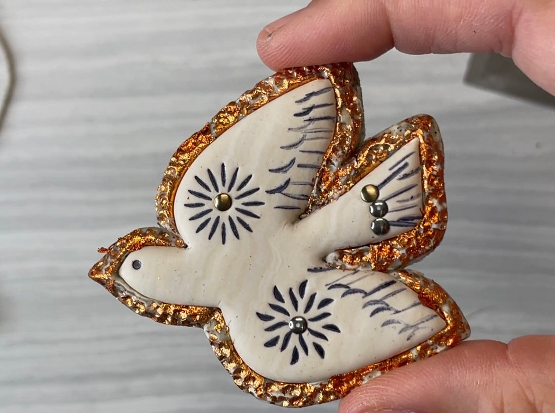 Create faux bone and make a polymer clay Bird brooch pin with texture and finishing techniques.