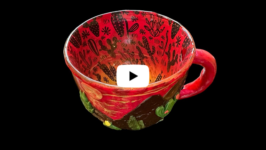 Learn to cover a glass mug with polymer clay silkscreens and cutout shapes- featuring cactus art