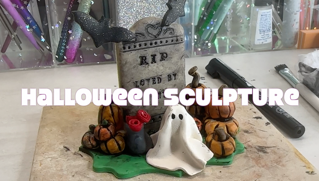 How to create a sculpted polymer clay Halloween scene with a little ghost and tombstone