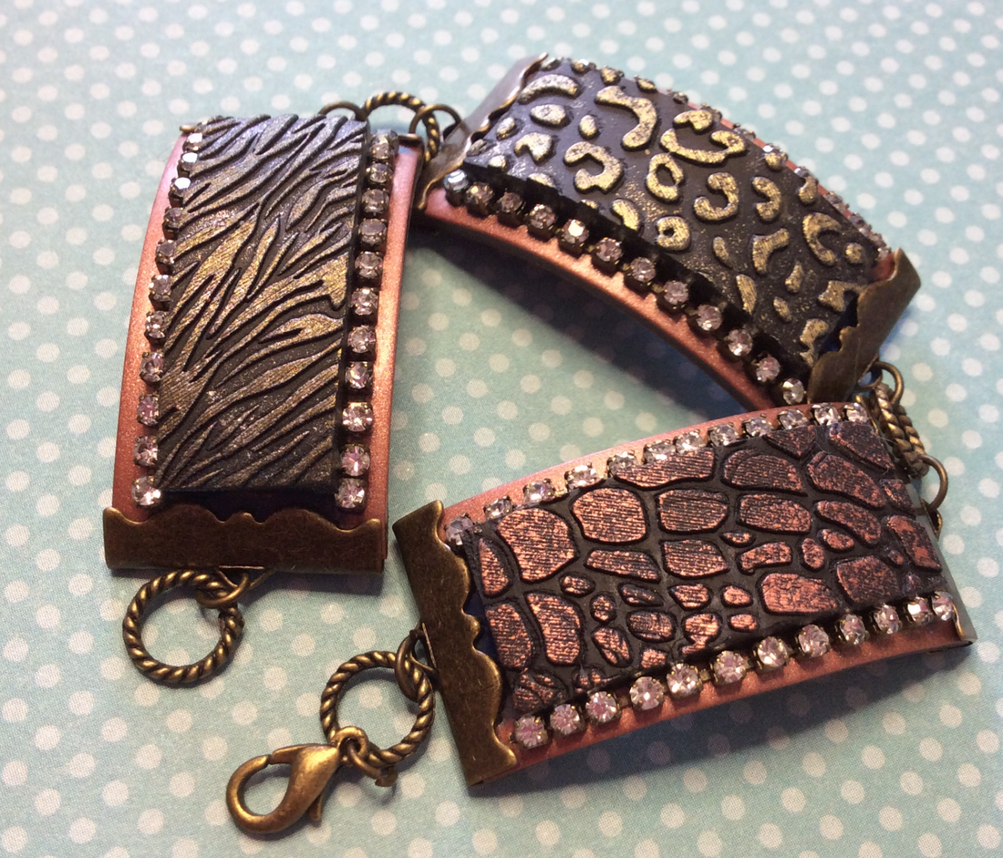 How to make a Ribbon Clamp textured bracelet with polymer clay, inks, and jewelry findings