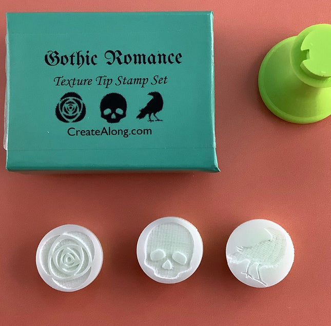 Texture Tips Gothic Romance 3 mini stamps gothic inspired skull Raven rose | polymer clay gothic stamps - Create Along 