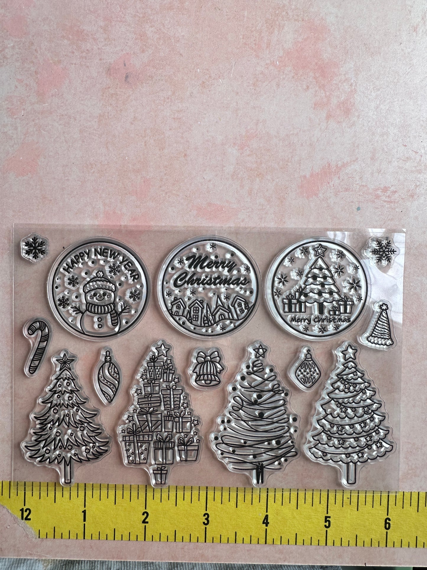 Round Merry Christmas and trees rubber stamp set