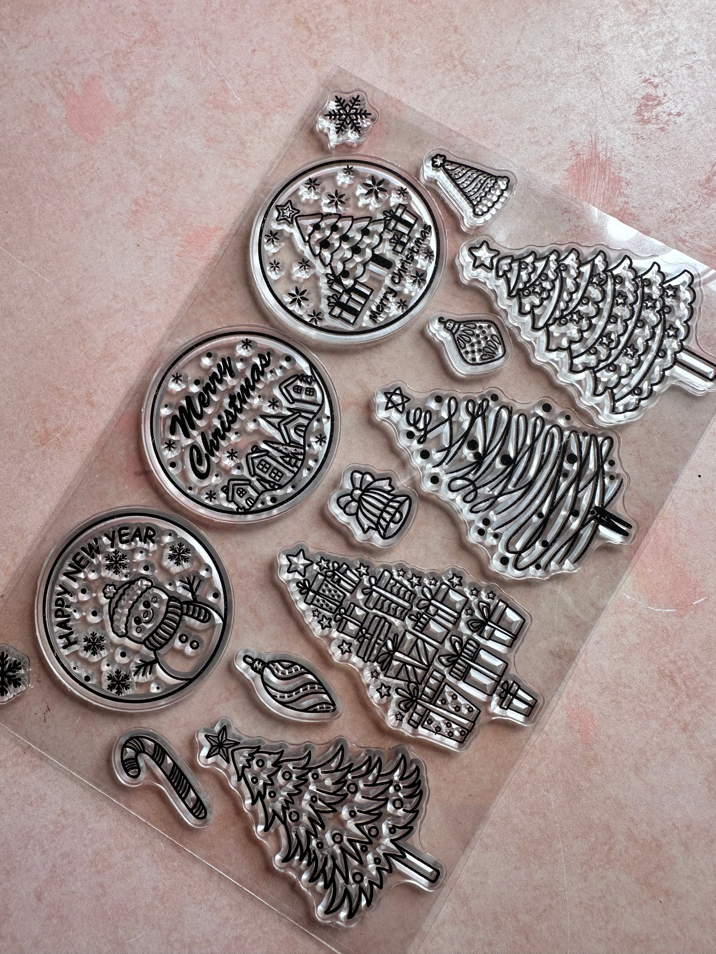 Round Merry Christmas and trees rubber stamp set