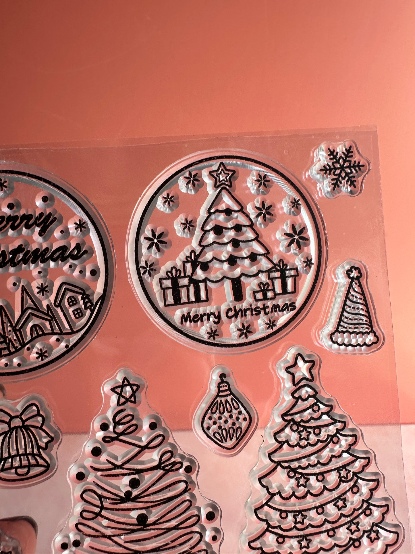 Round Merry Christmas and trees rubber stamp set