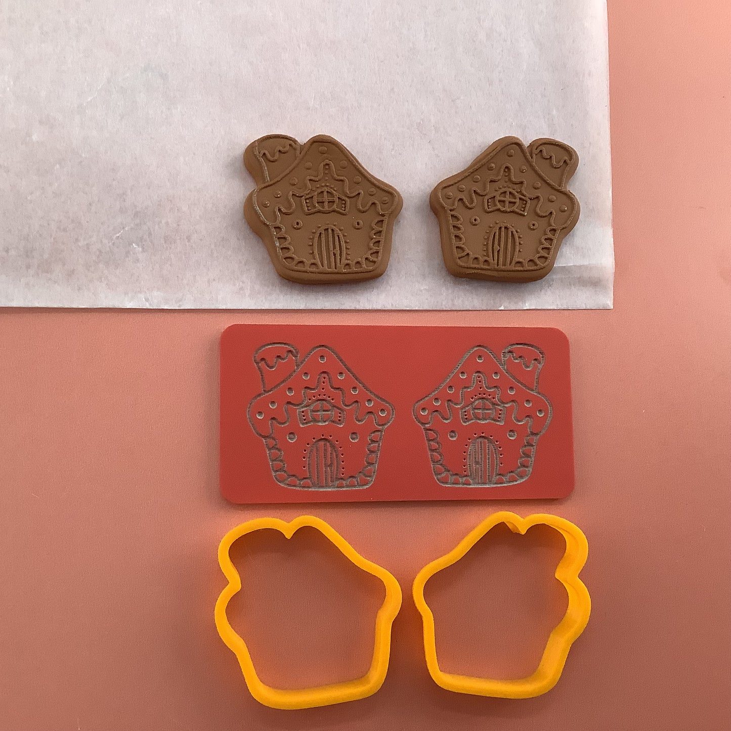 Gingerbread House clay Cutters and Stamp set # 1 mirrored pair