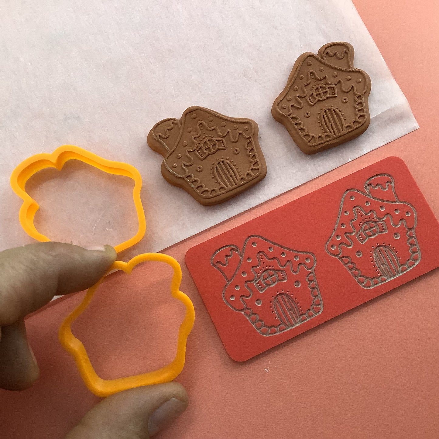 Gingerbread House clay Cutters and Stamp set # 1 mirrored pair