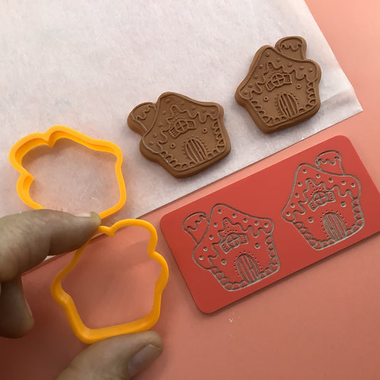 Gingerbread House clay Cutters and Stamp set # 1 mirrored pair