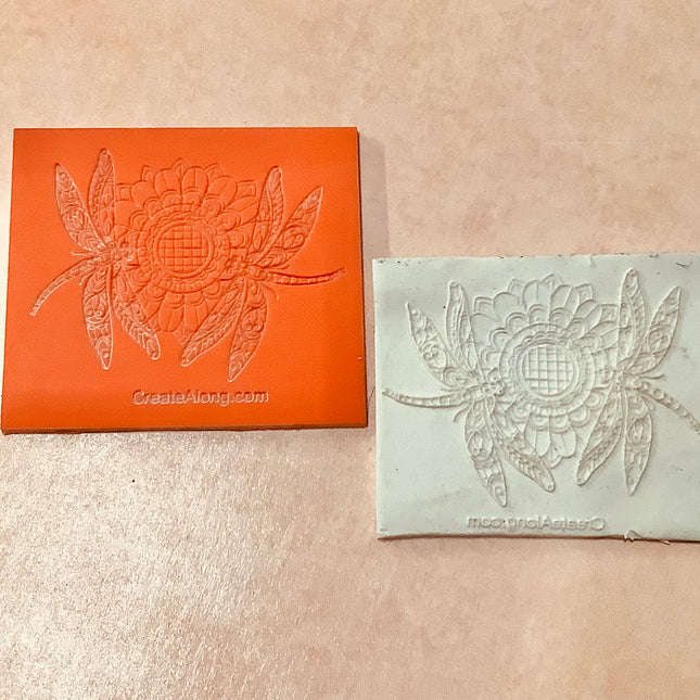 Deco Dragonflies and Sunflower Elements rubber clay texture stamp - Create Along 