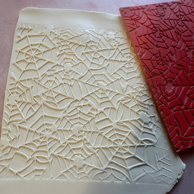 Cobwebs spider web polymer clay rubber stamp texture mat Halloween - Create Along 