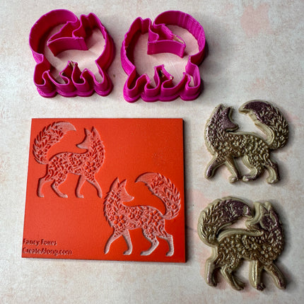 Fancy Foxes small mirrored polymer clay earrings stamp and cutter set - Create Along 