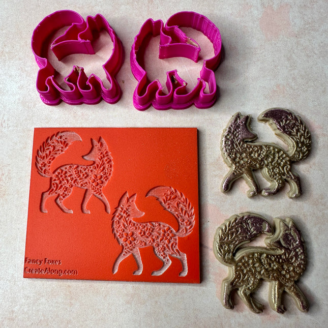 Fancy Foxes small mirrored polymer clay earrings stamp and cutter set - Create Along 