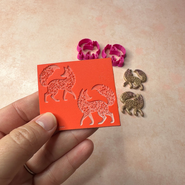 Fancy Foxes small mirrored polymer clay earrings stamp and cutter set - Create Along 