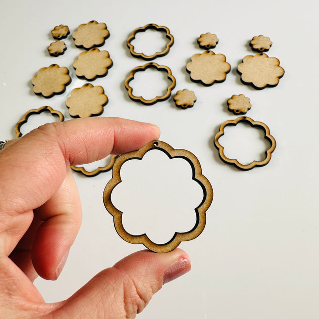 8 petal flower rings 6 pairs Wood MDF Mixed media blanks Earring Components - Create Along 
