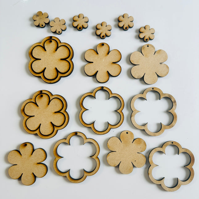 6 petal flower Rings 6 pairs Wood MDF Mixed media blanks Earring Components - Create Along 