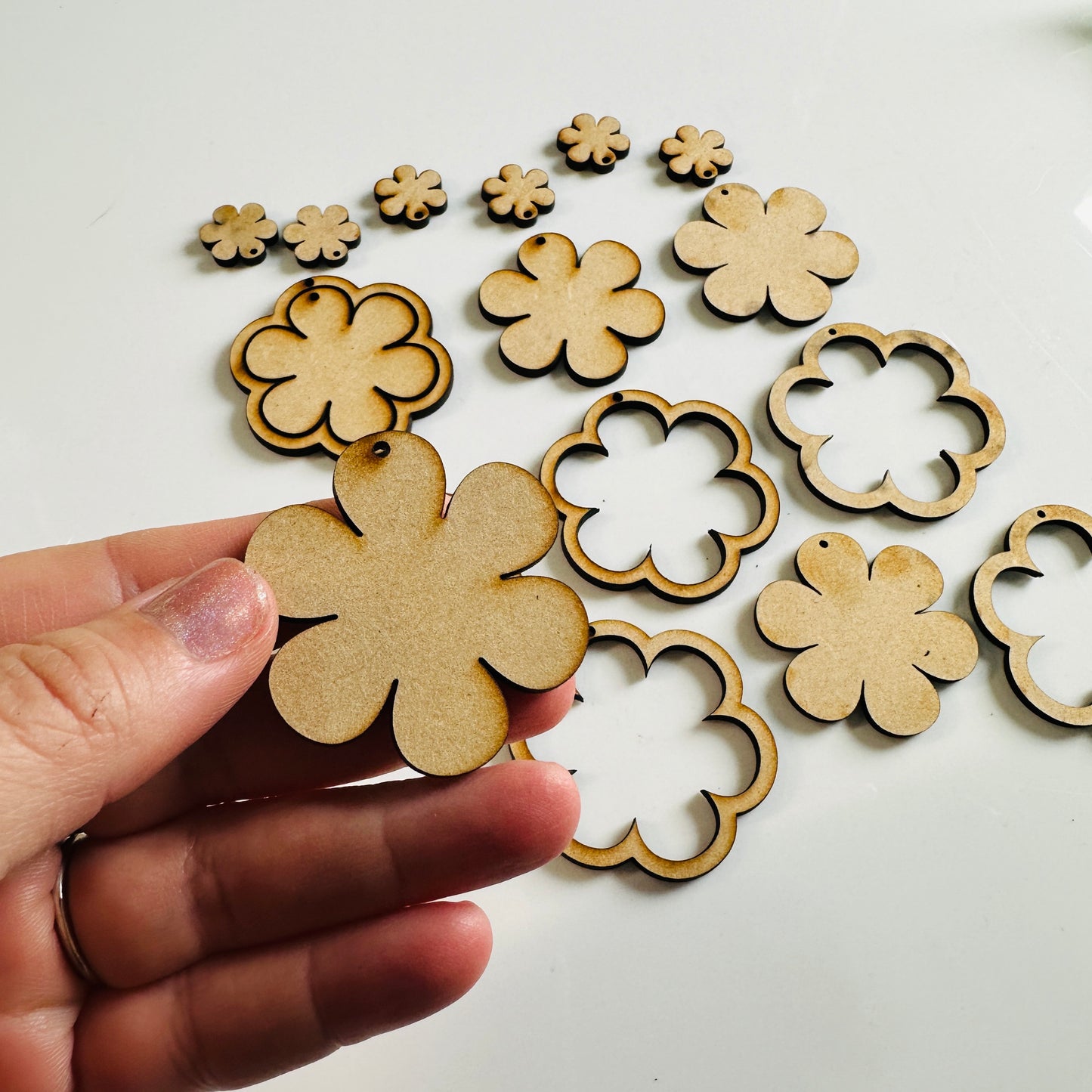 6 petal flower Rings 6 pairs Wood MDF Mixed media blanks Earring Components