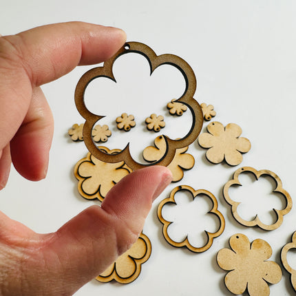 6 petal flower Rings 6 pairs Wood MDF Mixed media blanks Earring Components - Create Along 