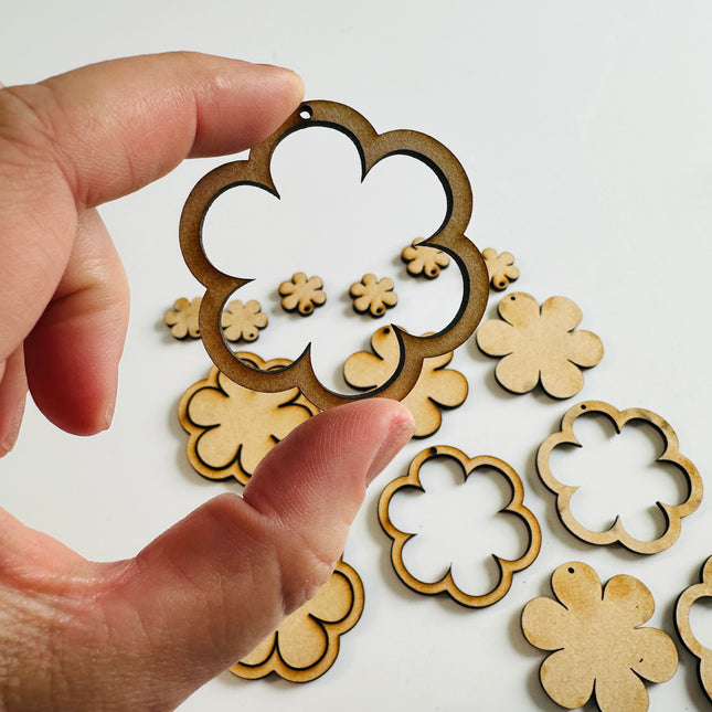 6 petal flower Rings 6 pairs Wood MDF Mixed media blanks Earring Components - Create Along 