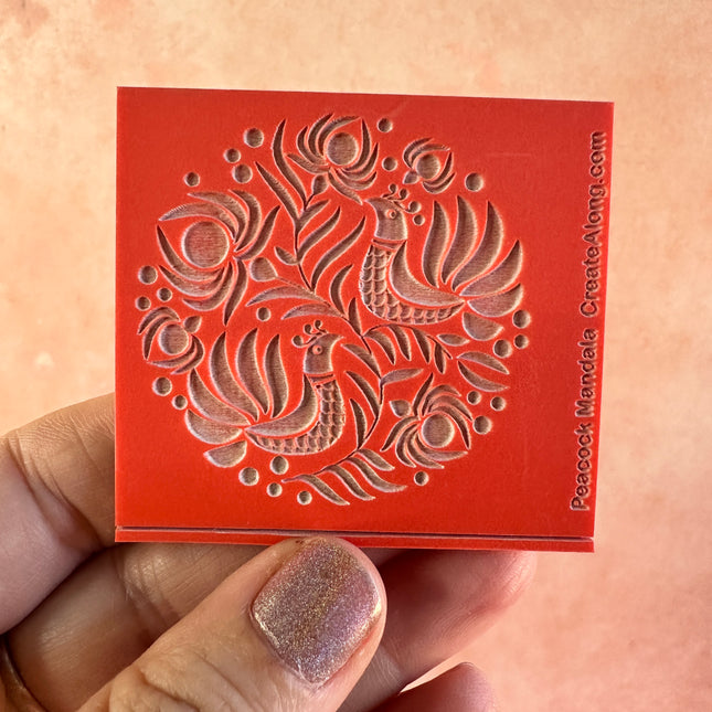 Peacocks Folk Art polymer clay deco rubber stamp texture sheet - Create Along 