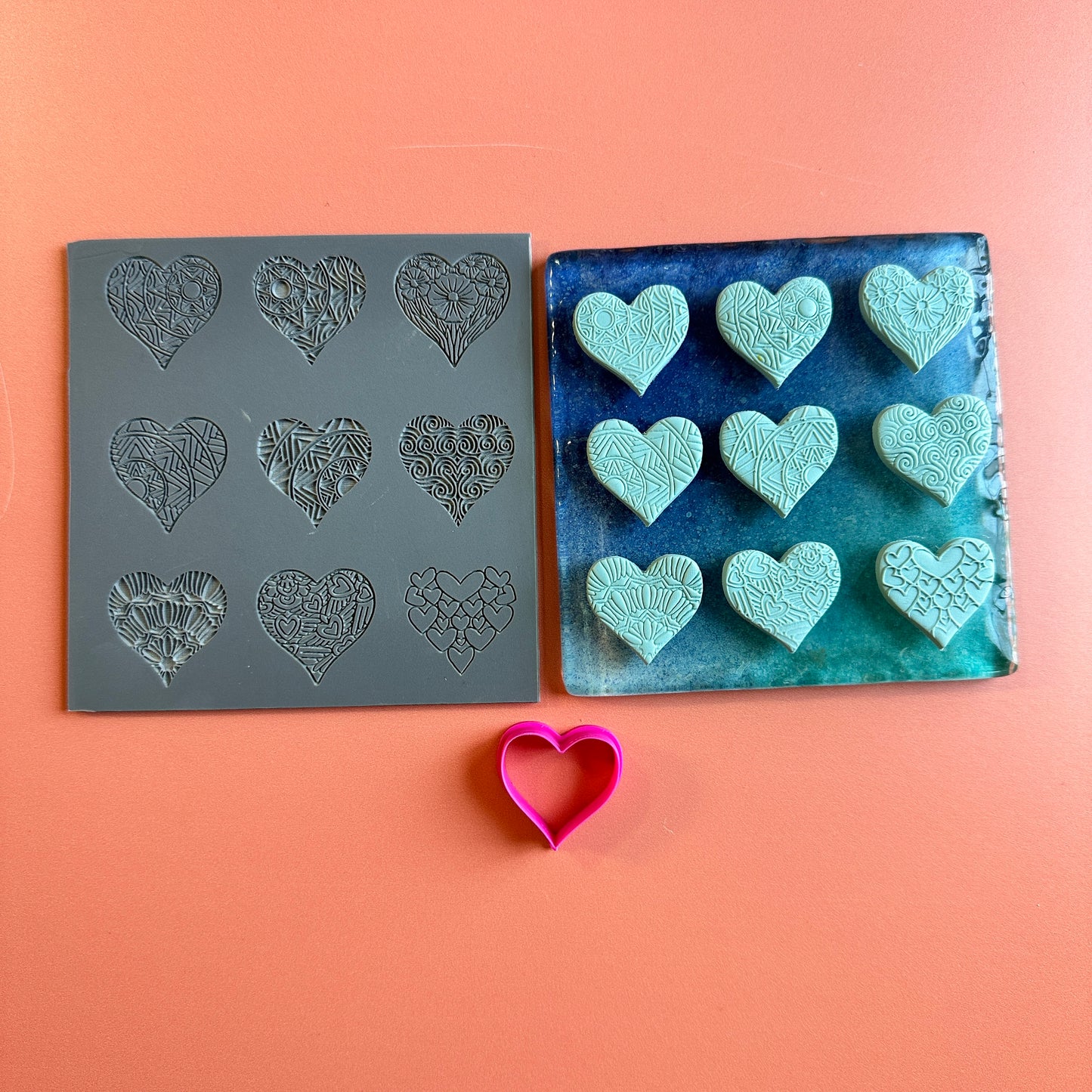 Hearts a Plenty Stamp and Cut polymer clay rubber texture sheet and cutter