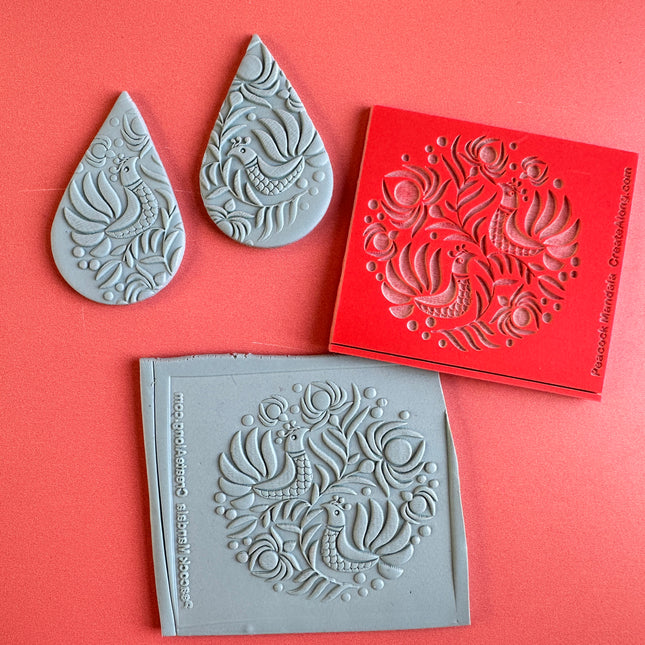 Peacocks Folk Art polymer clay deco rubber stamp texture sheet - Create Along 