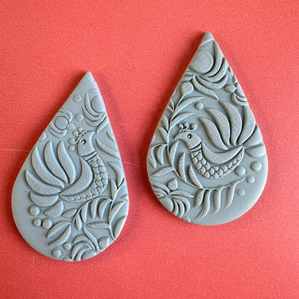 Peacocks Folk Art polymer clay deco rubber stamp texture sheet - Create Along 