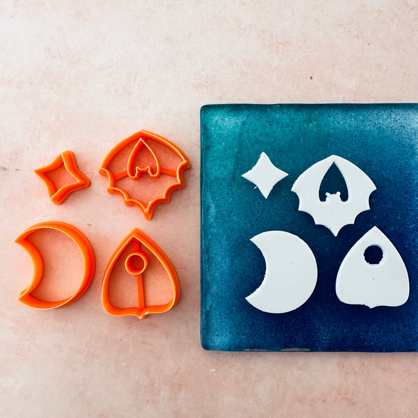 Spooky Clay Earrings Cutter set Halloween Planchette bat and moon with star stud