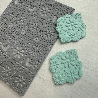 Floral Folk Art polymer clay rubber stamp texture sheet - Create Along 