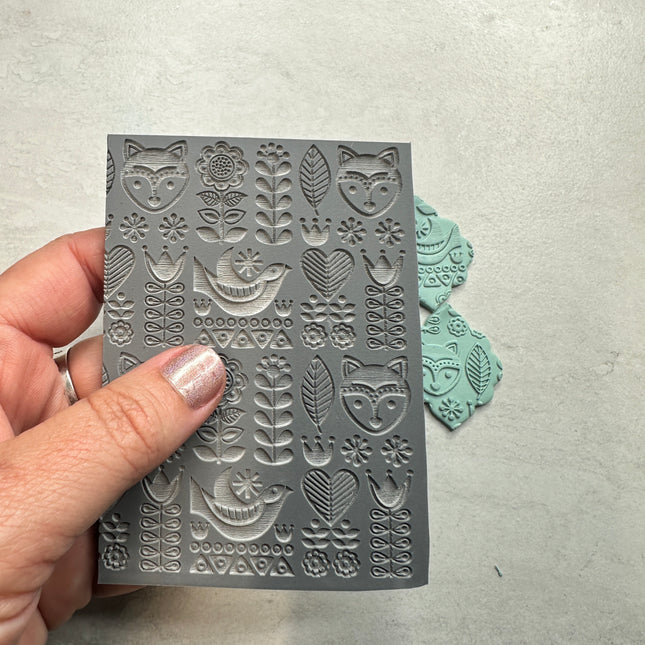Fox Folk Art Polymer Clay Stamp – 3x4 Inch Rubber Texture - Create Along 