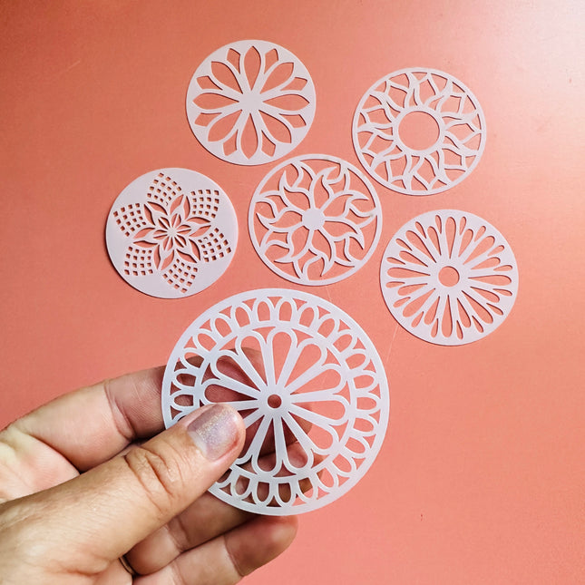 Pocket Full of Posies Stencil Set – 6-Piece 2.5" Floral Mandala Stencils for Earrings, Pendants, Coasters and Clay trading coins - Create Along 