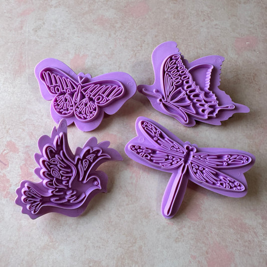Butterfly Dragonfly Dove Press Clay Stamps mokume gane ink mica pattern