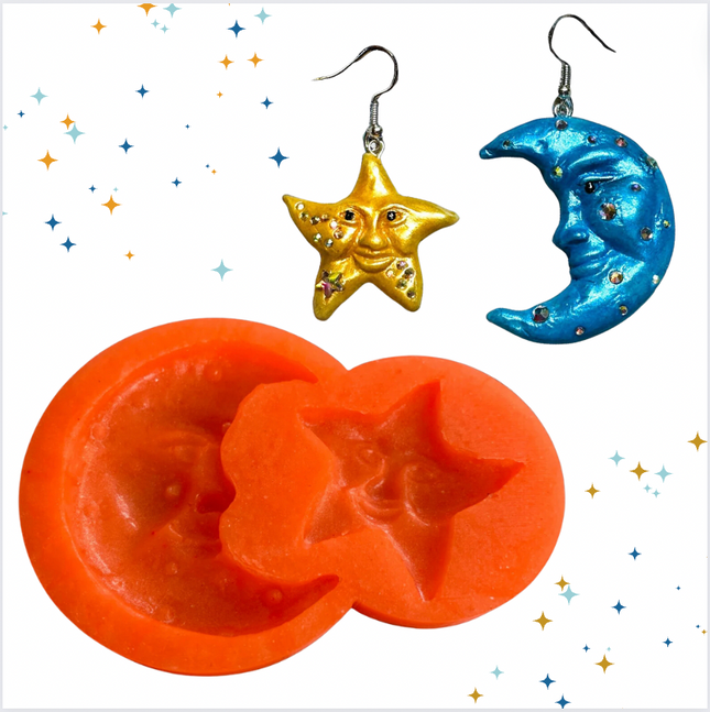 Crescent Man in the Moon and Star Silicone Earring Jewelry Mold for UV resin, polymer clay tools and supplies - Create Along 