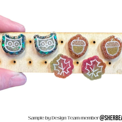 Clay Stud Earring mirrored Mold pair Woodland Autumn Harvest Halloween leaf leaves owl acorn UV Resin translucent - Create Along 