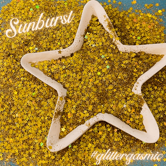 Glitter Sunburst Gold Stars holo for pens candles earrings clay resin mugs slime tumblers nail art 2 oz - Create Along 