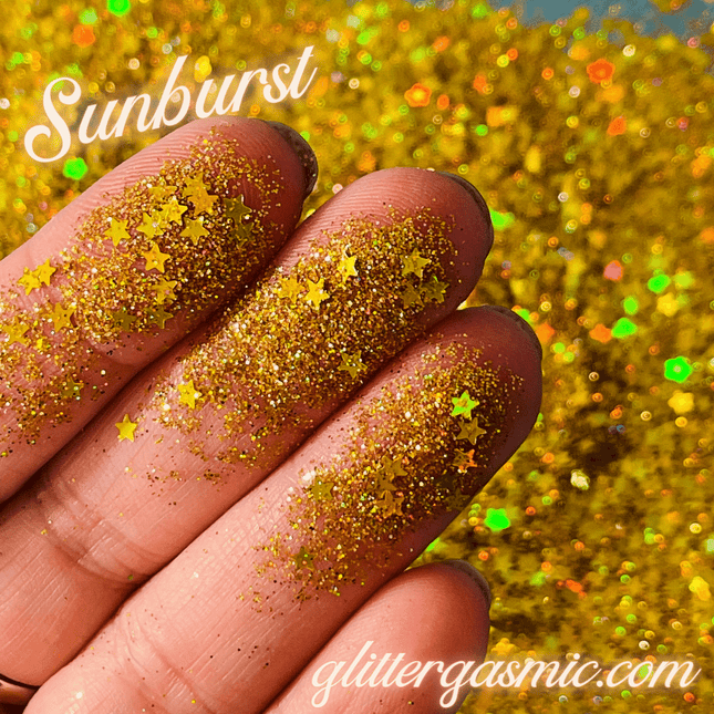 Glitter Sunburst Gold Stars holo for pens candles earrings clay resin mugs slime tumblers nail art 2 oz - Create Along 