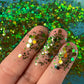 Northern Lights chunky green gold holo Glitter for pens candles earrings clay resin mugs slime tumblers nail art 2 oz