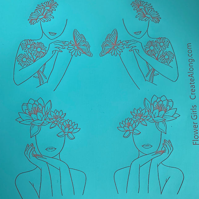 Silk Screen Flower Girl Women's  faces and flowers Stencil For Polymer Clay - Create Along 