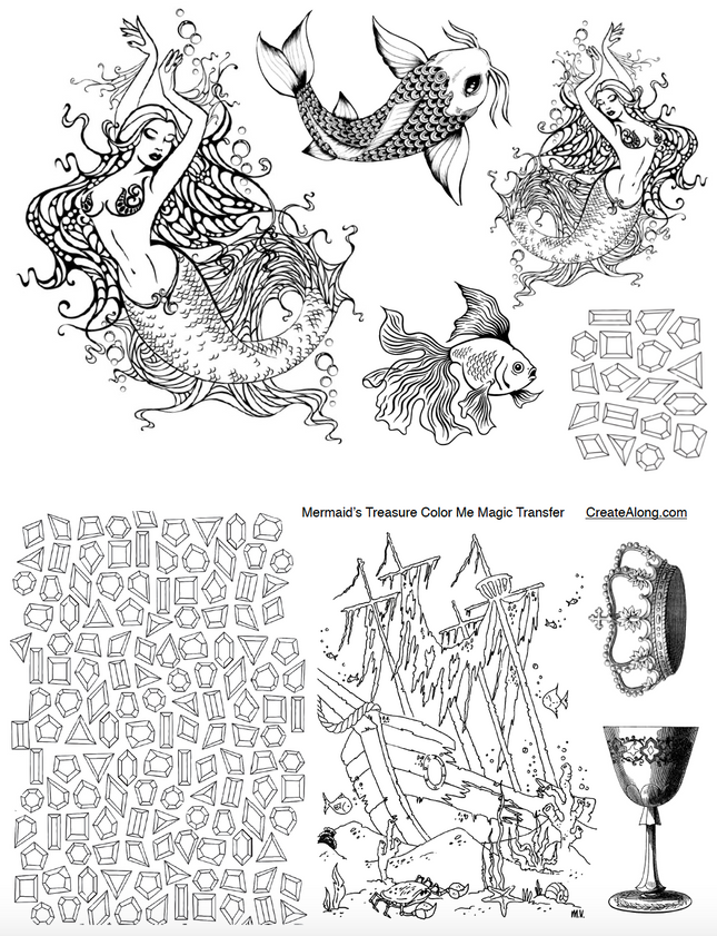 Digital Mermaids Treasure Image Transfer PDF for creating images on raw polymer clay and for use with Magic Transfer Paper - Create Along 