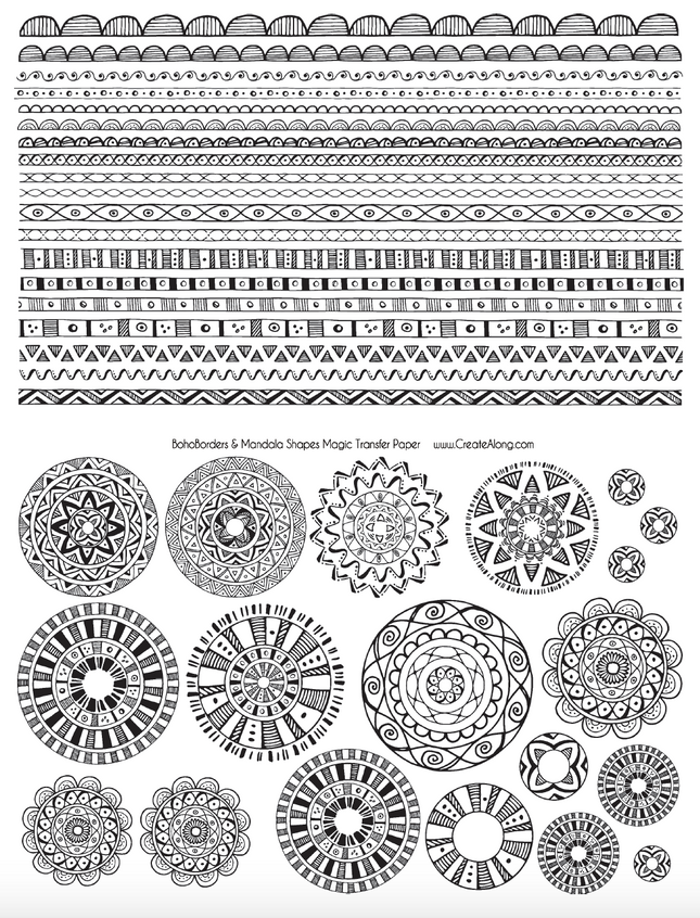 Digital Boho Borders & Mandala Shapes Image Transfer PDF for creating images on raw polymer clay and for use with Magic Transfer Paper - Create Along 