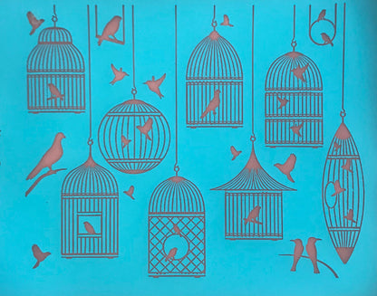 Silkscreen Fly Free Birds Birdcage Stencil for Polymer Clay, Art Jewelry and Mixed Media - Create Along 